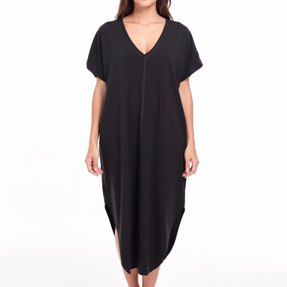 Ascot + Hart T-Shirt Dress Womens Medium Black Short Sleeve Curved Hem V-Neck
